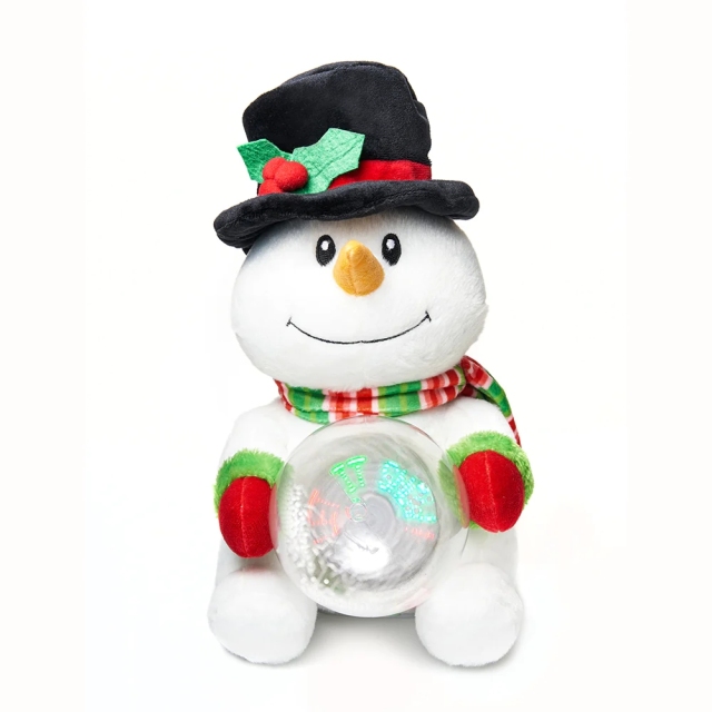Cute Snowman Plush Toys holds an LED Snowglobe