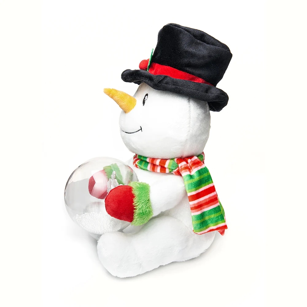 Cute Snowman Plush Toys holds an LED Snowglobe
