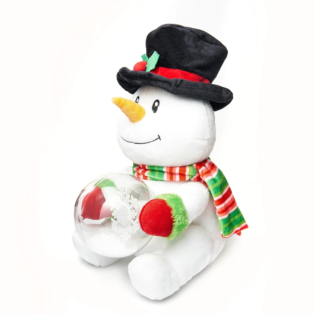 Cute Snowman Plush Toys holds an LED Snowglobe