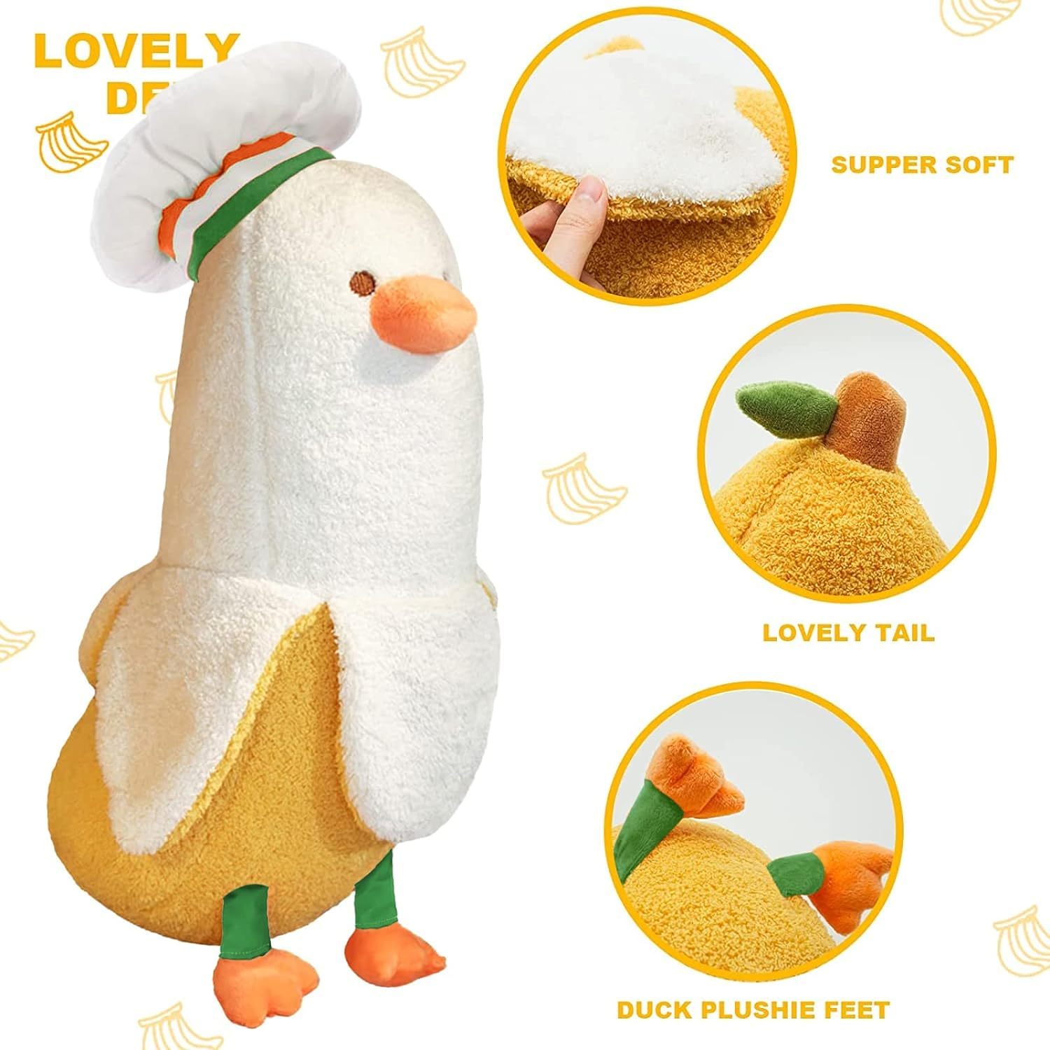 Cute Banana Duck Stuffed Animal Long Banana Chef Duck Plush Pillow
