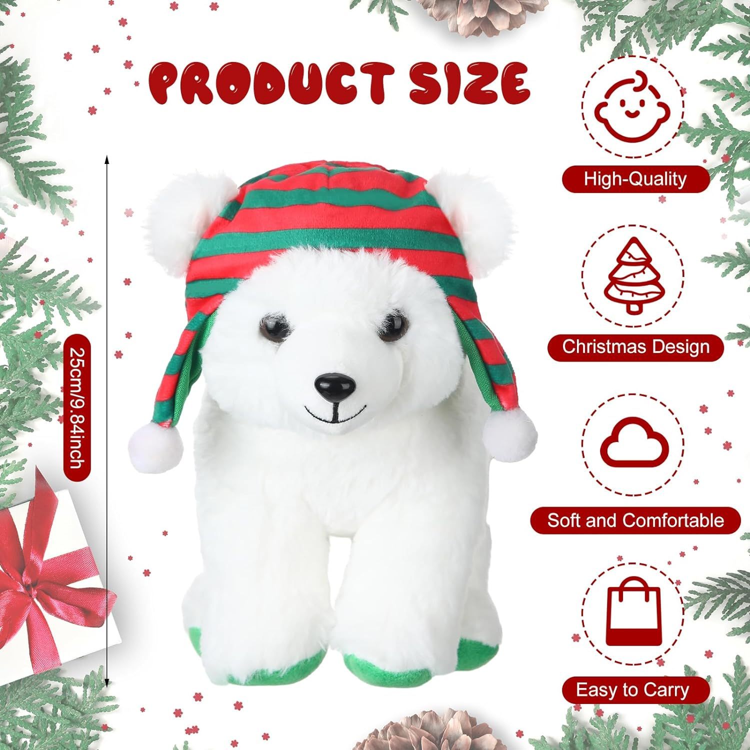 9.84 Inch Cute Soft Xmas Christams Polar Bear Plush Toy Green and Red Hat