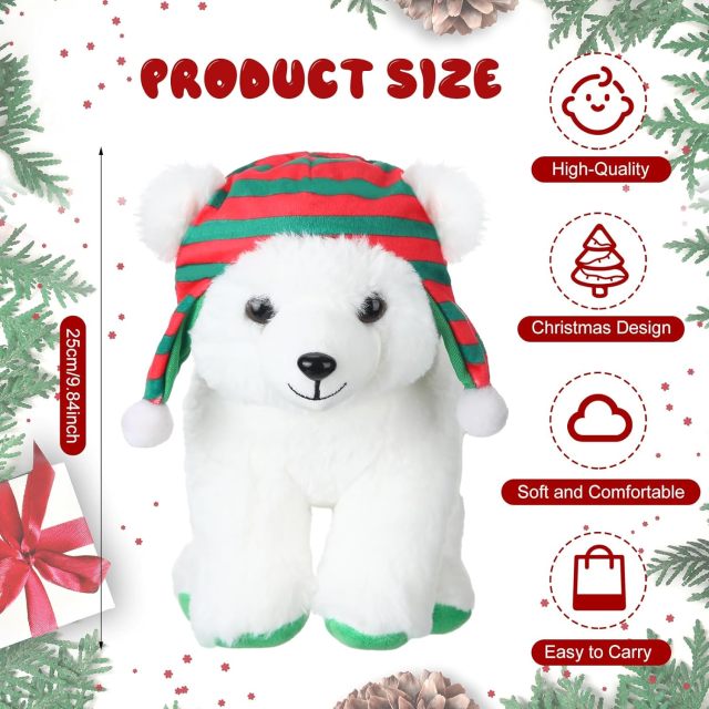 9.84 Inch Cute Soft Xmas Christams Polar Bear Plush Toy Green and Red Hat