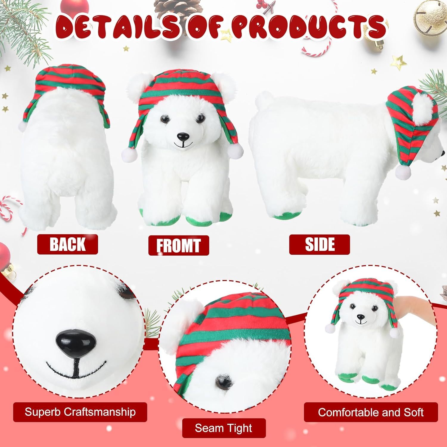 9.84 Inch Cute Soft Xmas Christams Polar Bear Plush Toy Green and Red Hat