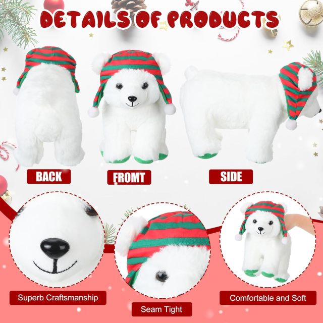 9.84 Inch Cute Soft Xmas Christams Polar Bear Plush Toy Green and Red Hat