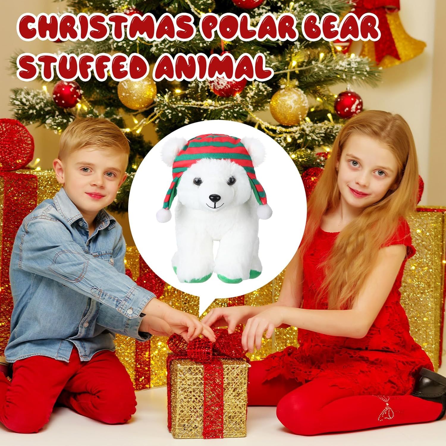 9.84 Inch Cute Soft Xmas Christams Polar Bear Plush Toy Green and Red Hat