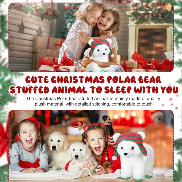 9.84 Inch Cute Soft Xmas Christams Polar Bear Plush Toy Green and Red Hat