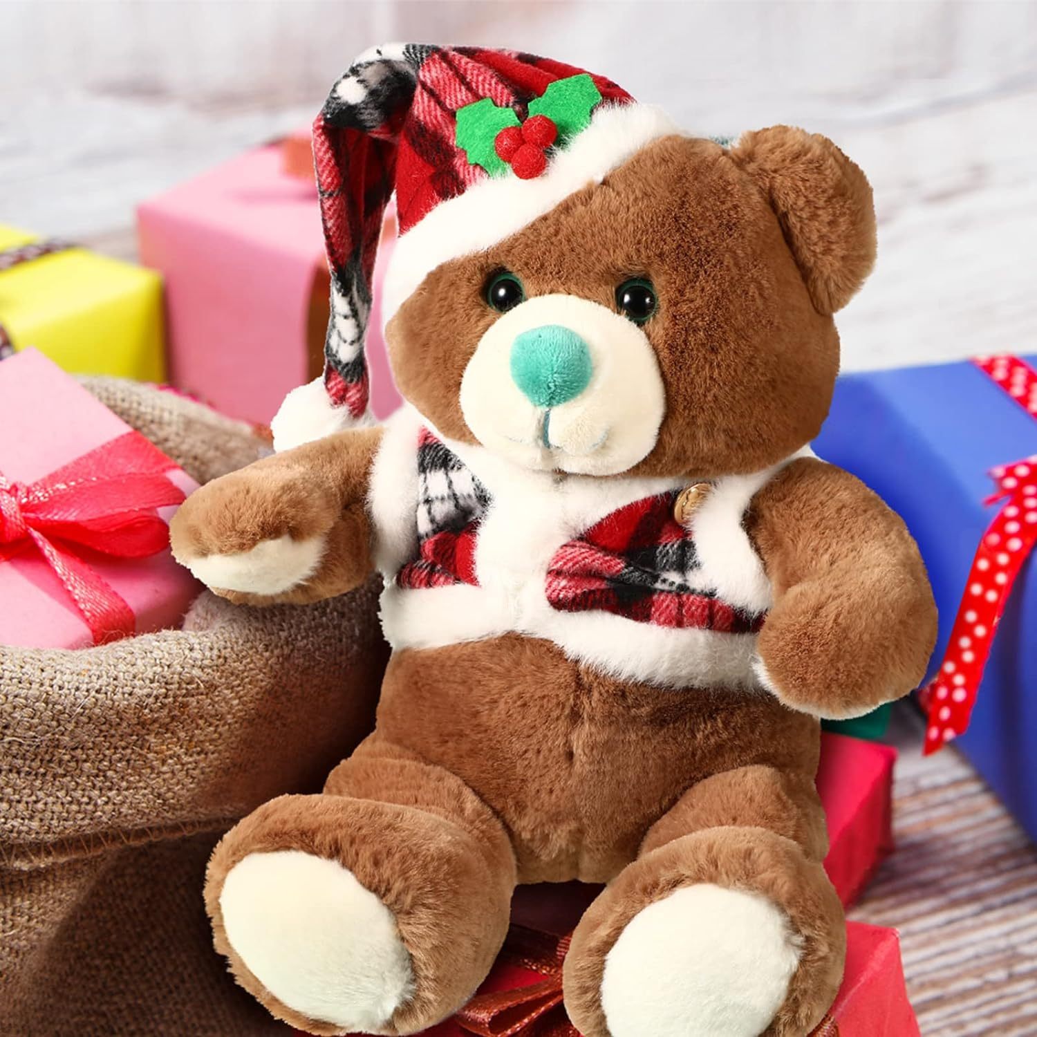 Cute Stuffed Animals Soft PP Cotton Plush Toy Wearing Red Check Vest Cloak Christmas Hat