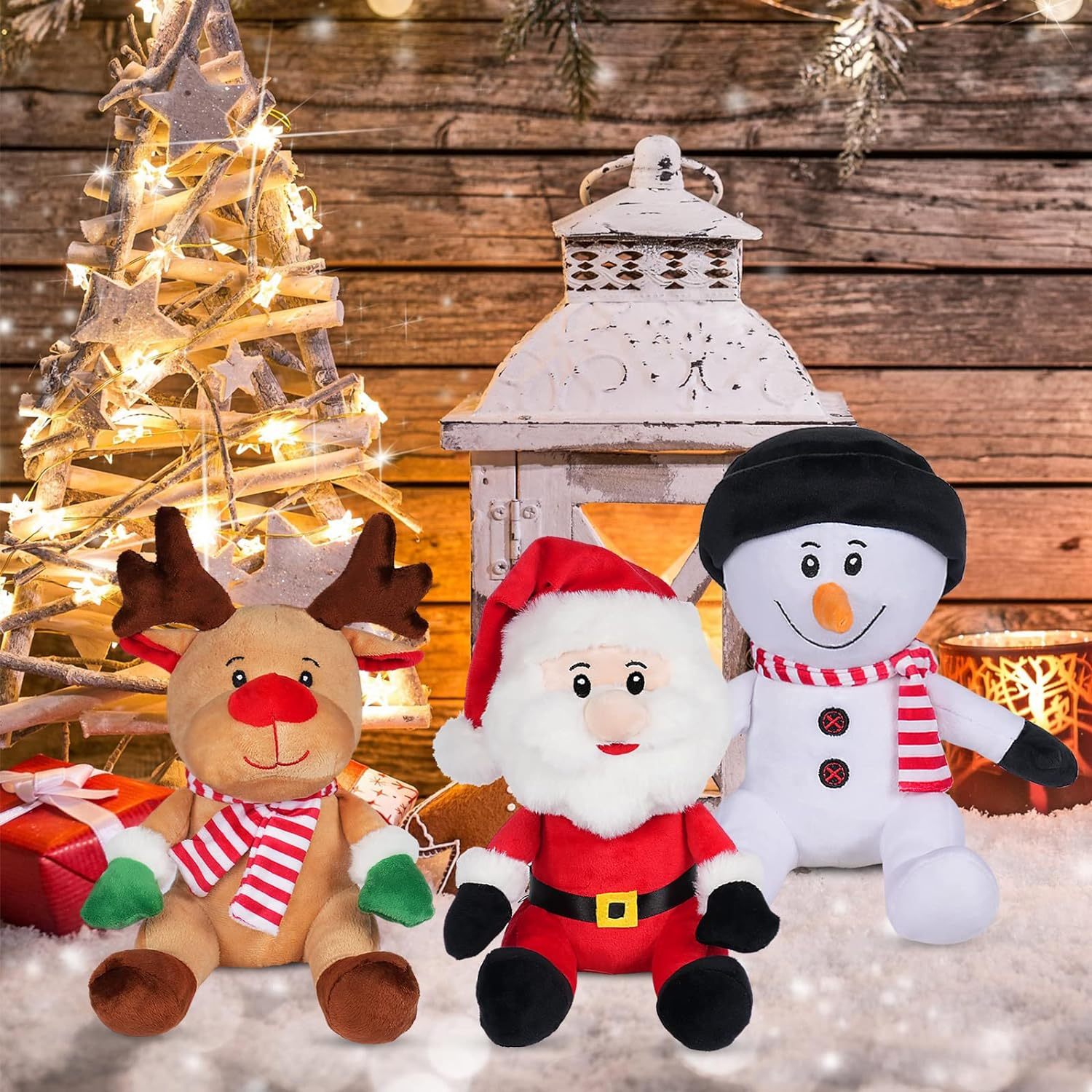 3 Pack Christmas Stuffed Animals, Santa Claus Snowman Moose Sitting Plush Dolls