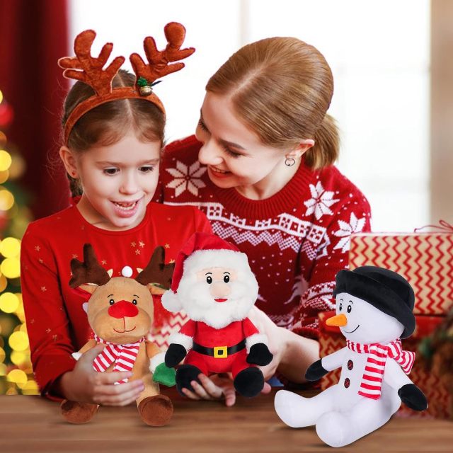 3 Pack Christmas Stuffed Animals, Santa Claus Snowman Moose Sitting Plush Dolls