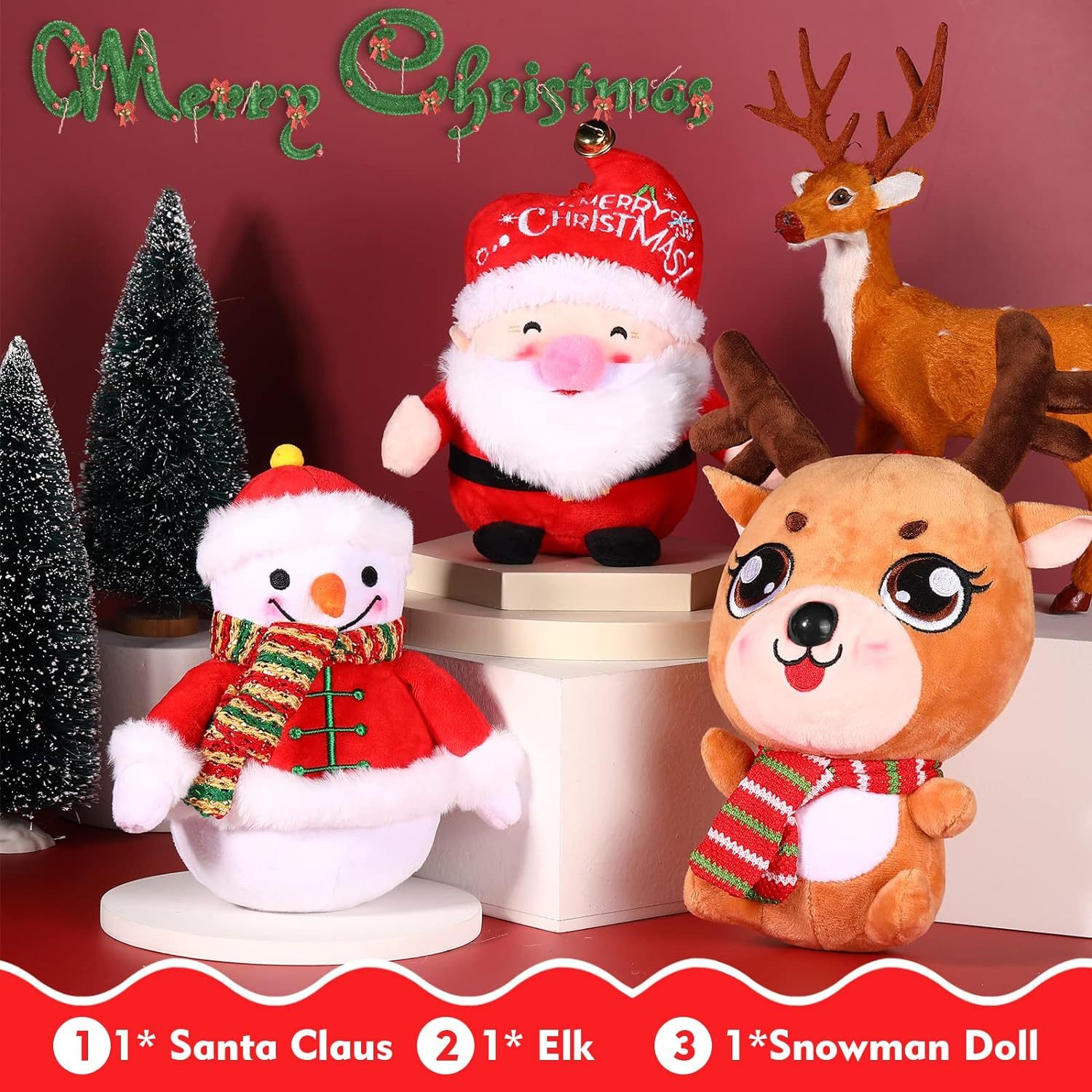 3 Pieces Christmas Plush Toy Doll Santa Reindeer Snowman Claus Stuffed Animal Plush Toy