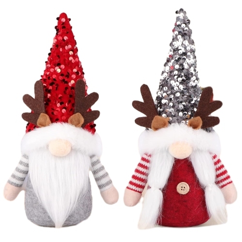 2 Pcs Gnome Christmas Red Silver Sequin Hat Antlers Plushie Decorations Indoor Ornaments Reindeer Elf Doll
