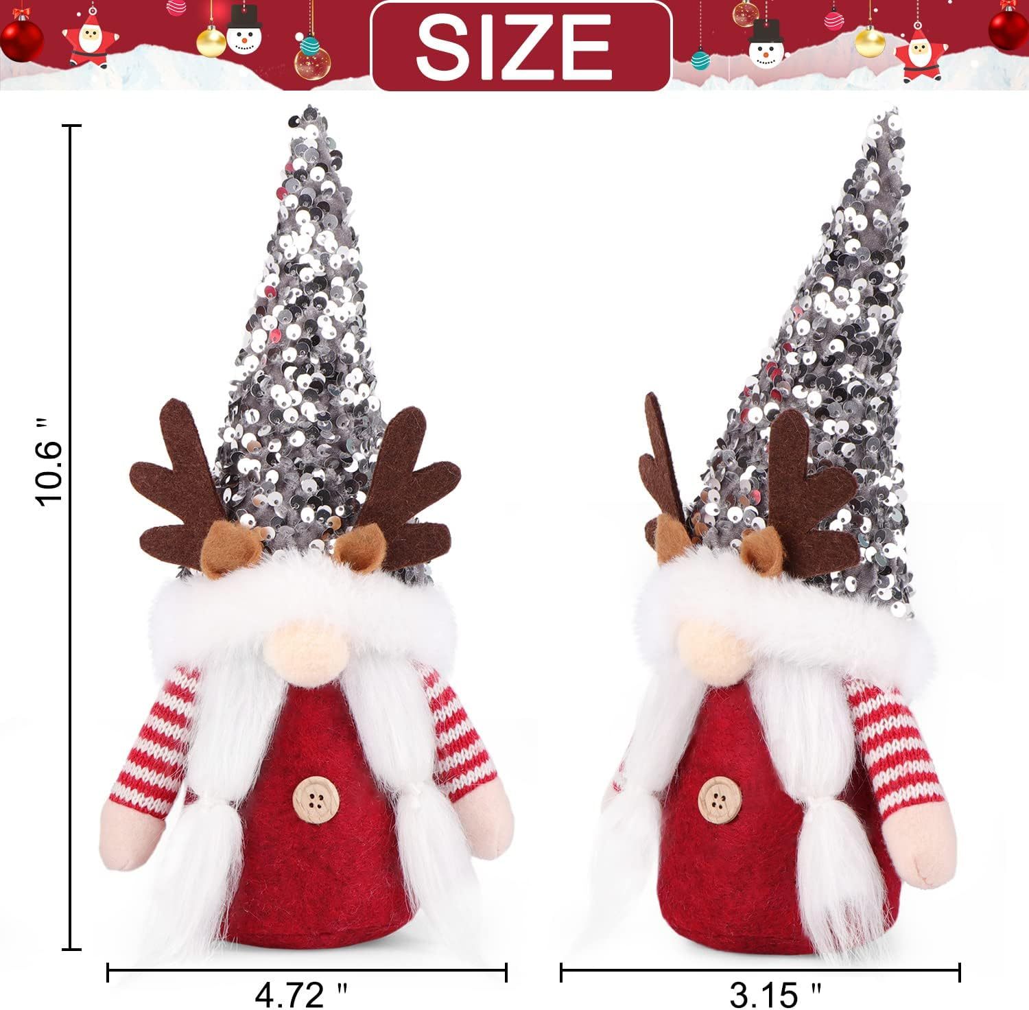 2 Pcs Gnome Christmas Red Silver Sequin Hat Antlers Plushie Decorations Indoor Ornaments Reindeer Elf Doll