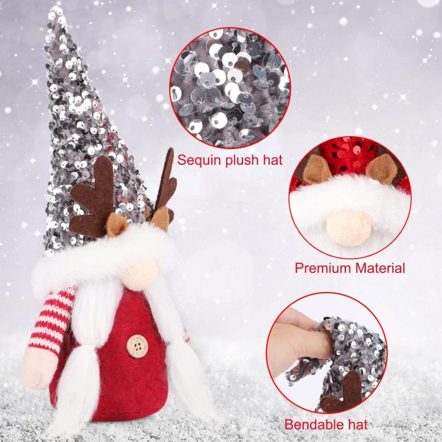2 Pcs Gnome Christmas Red Silver Sequin Hat Antlers Plushie Decorations Indoor Ornaments Reindeer Elf Doll