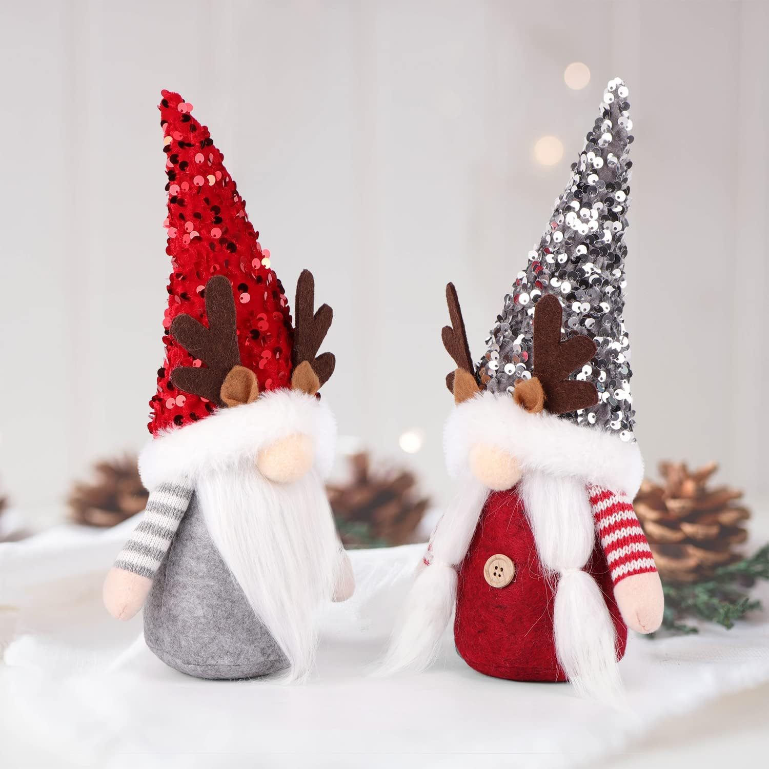 2 Pcs Gnome Christmas Red Silver Sequin Hat Antlers Plushie Decorations Indoor Ornaments Reindeer Elf Doll