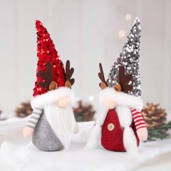 2 Pcs Gnome Christmas Red Silver Sequin Hat Antlers Plushie Decorations Indoor Ornaments Reindeer Elf Doll