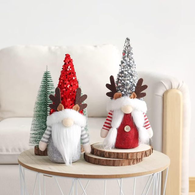 2 Pcs Gnome Christmas Red Silver Sequin Hat Antlers Plushie Decorations Indoor Ornaments Reindeer Elf Doll
