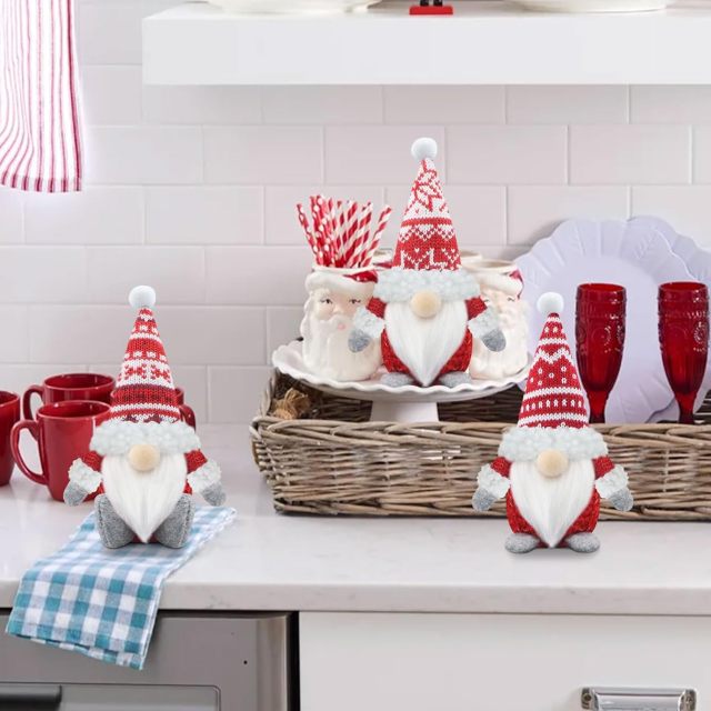 Christmas Gnomes Figures Set of 3 Christmas Decoration Gnome Plush for Home Kitchen - Red