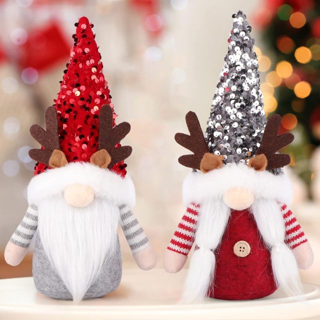 2 Pcs Gnome Christmas Red Silver Sequin Hat Antlers Plushie Decorations Indoor Ornaments Reindeer Elf Doll