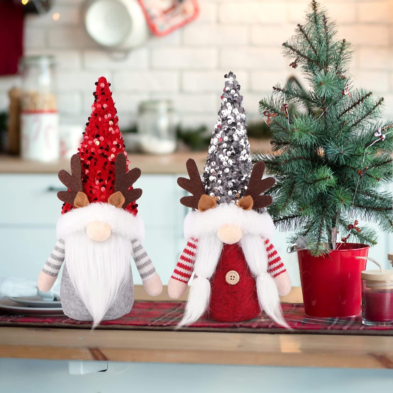 2 Pcs Gnome Christmas Red Silver Sequin Hat Antlers Plushie Decorations Indoor Ornaments Reindeer Elf Doll