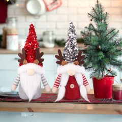 2 Pcs Gnome Christmas Red Silver Sequin Hat Antlers Plushie Decorations Indoor Ornaments Reindeer Elf Doll