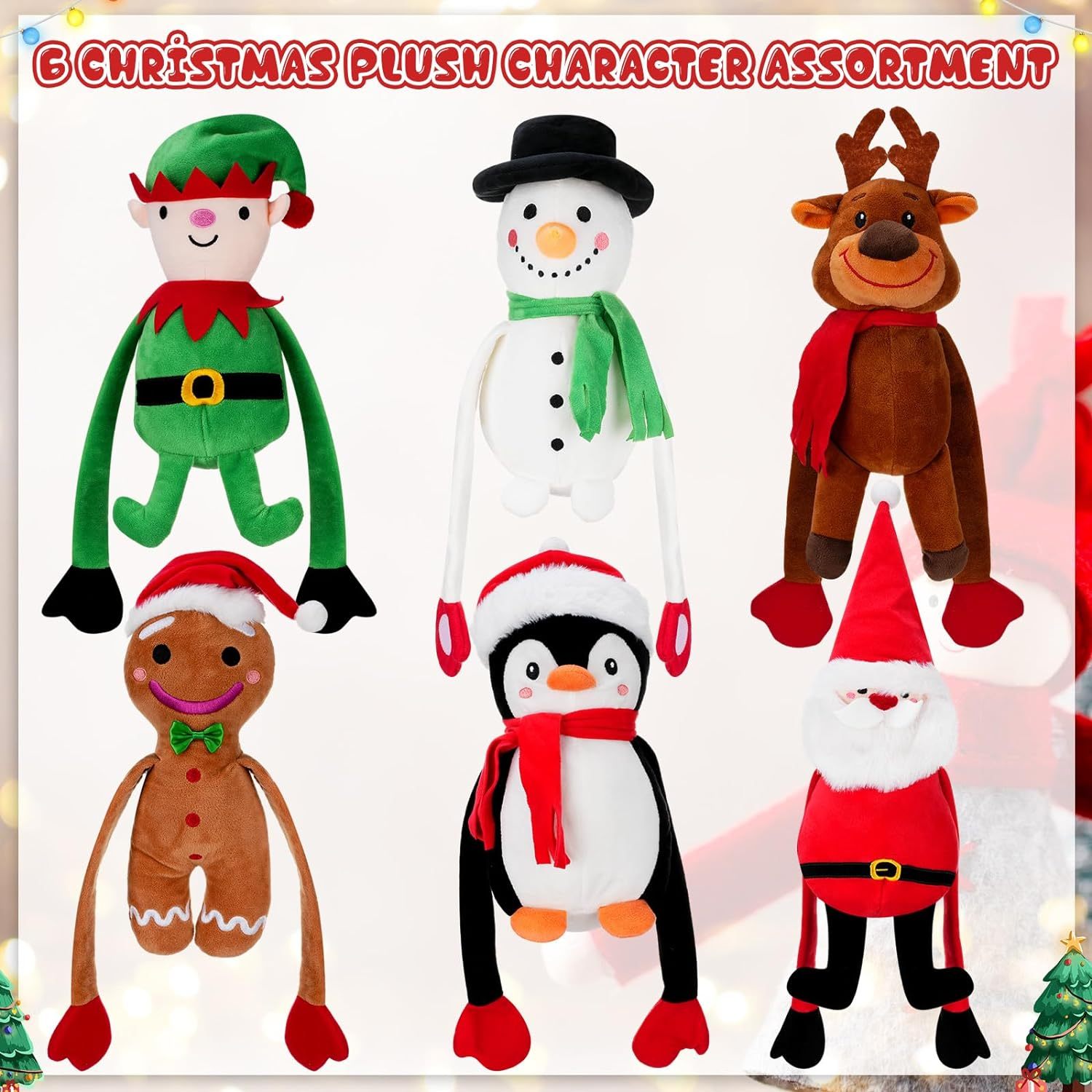6 Pcs Plush Christmas Stuffed Animals Bulk Long Arm Toys Santa Claus Penguin Reindeer Snowman Elf Gingerbread Man Dolls