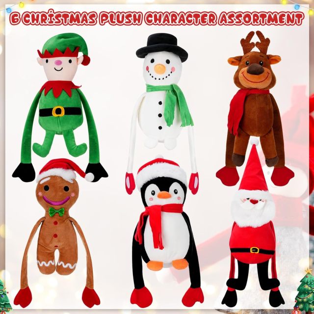 6 Pcs Plush Christmas Stuffed Animals Bulk Long Arm Toys Santa Claus Penguin Reindeer Snowman Elf Gingerbread Man Dolls