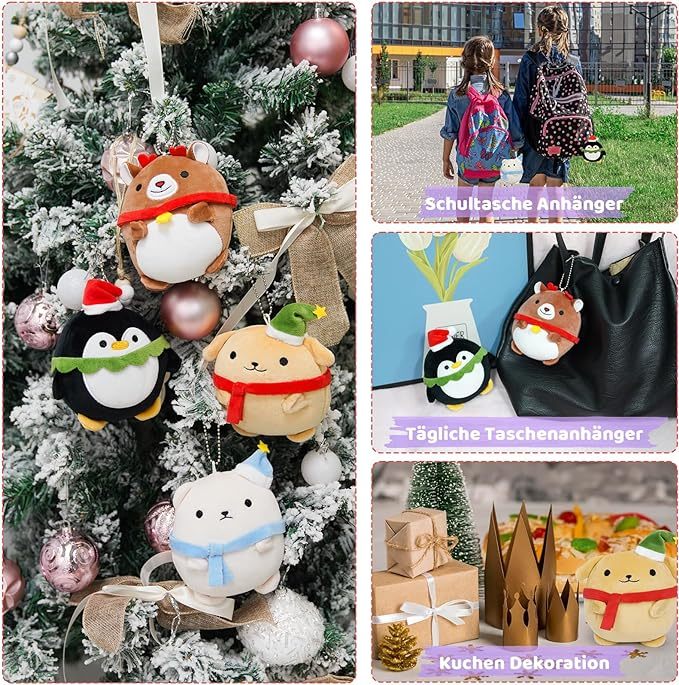 Christmas Dog Plush Toys Cute Elk Plush Cushion for Children, 4 x key rings