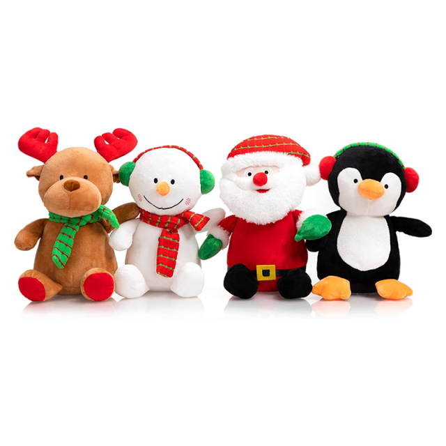 4PCS Christmas Plush Toy Set Santa Clause Reindeer Snowman and Penguin Santa Stuffed Animal Dolls