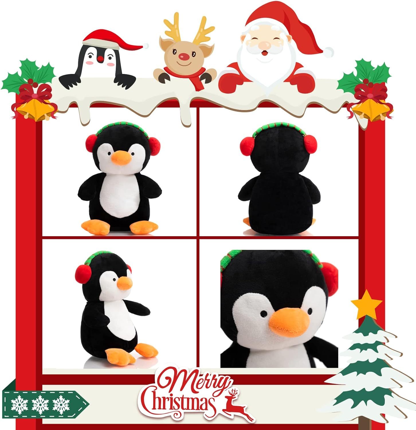 4PCS Christmas Plush Toy Set Santa Clause Reindeer Snowman and Penguin Santa Stuffed Animal Dolls