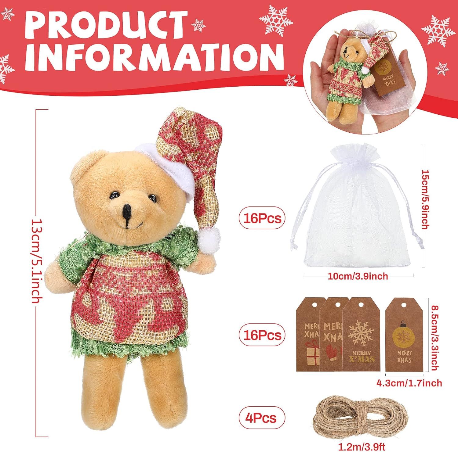 48 Pieces Christmas Small Bear Gifts Mini Stuffed Plush Bears Doll