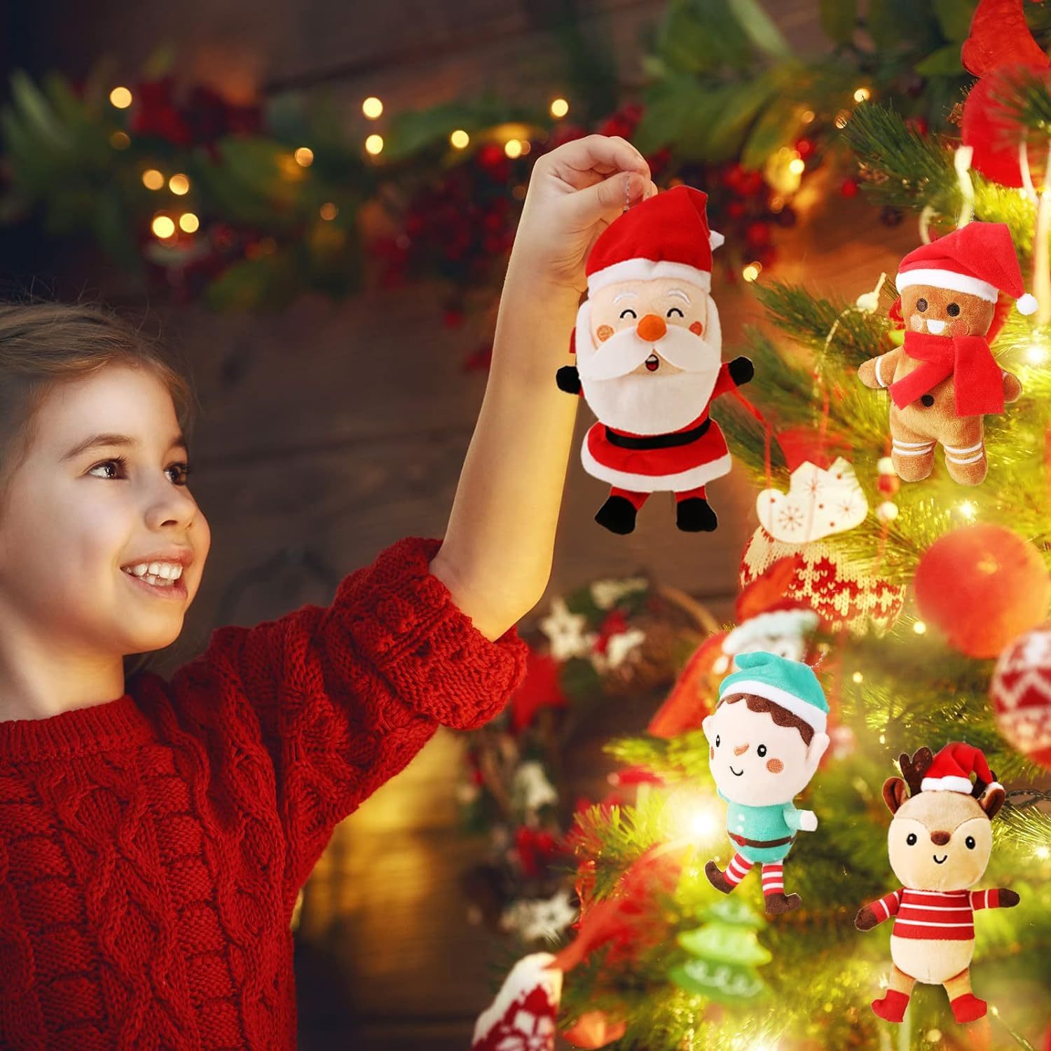 6 Pcs Christmas Plush Set Christmas Tree Ornaments Set Snowman Elk Gingerbread Man Elf Santa Stuffed Animals