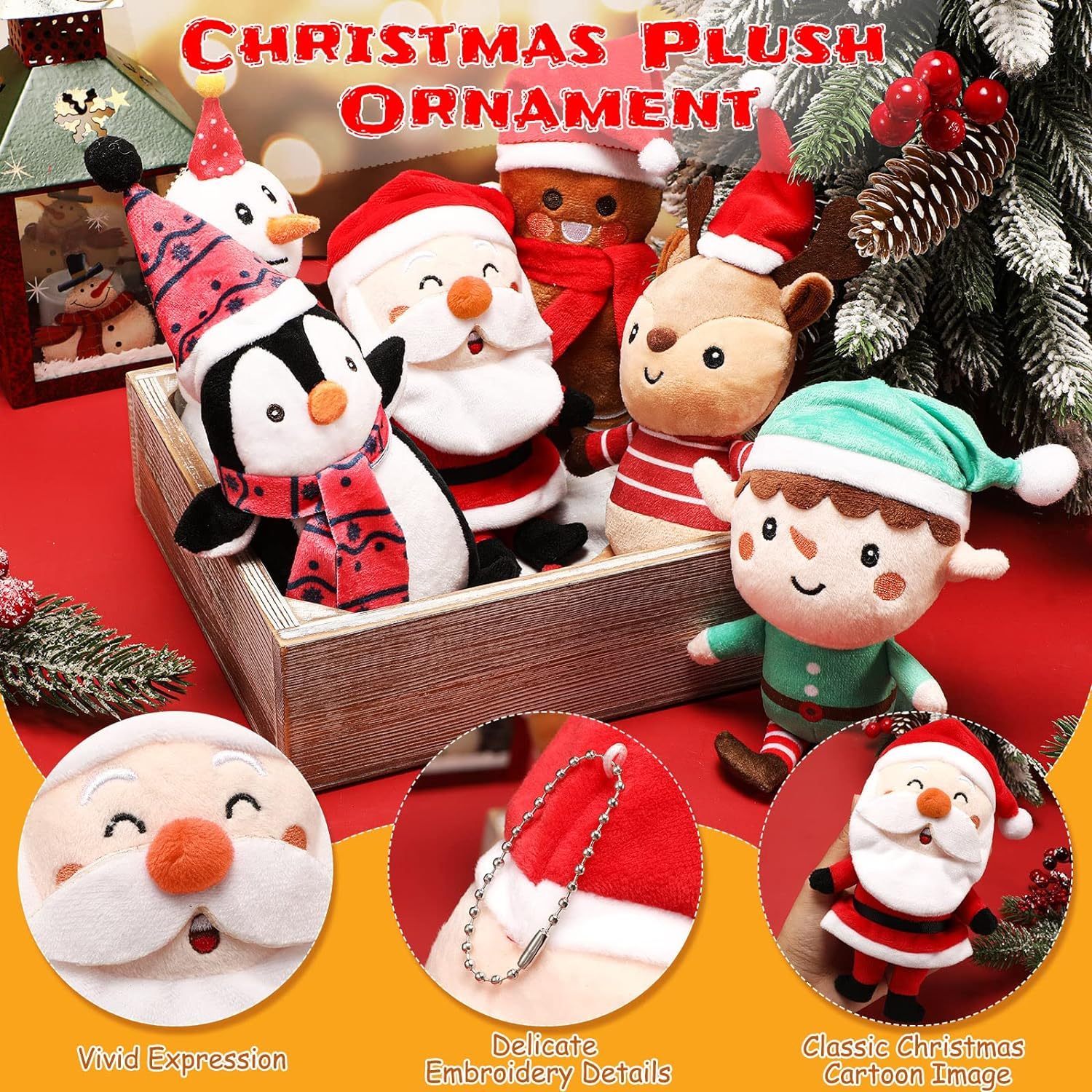 6 Pcs Christmas Plush Set Christmas Tree Ornaments Set Snowman Elk Gingerbread Man Elf Santa Stuffed Animals