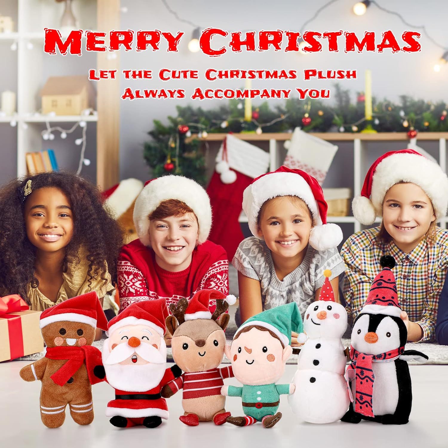 6 Pcs Christmas Plush Set Christmas Tree Ornaments Set Snowman Elk Gingerbread Man Elf Santa Stuffed Animals