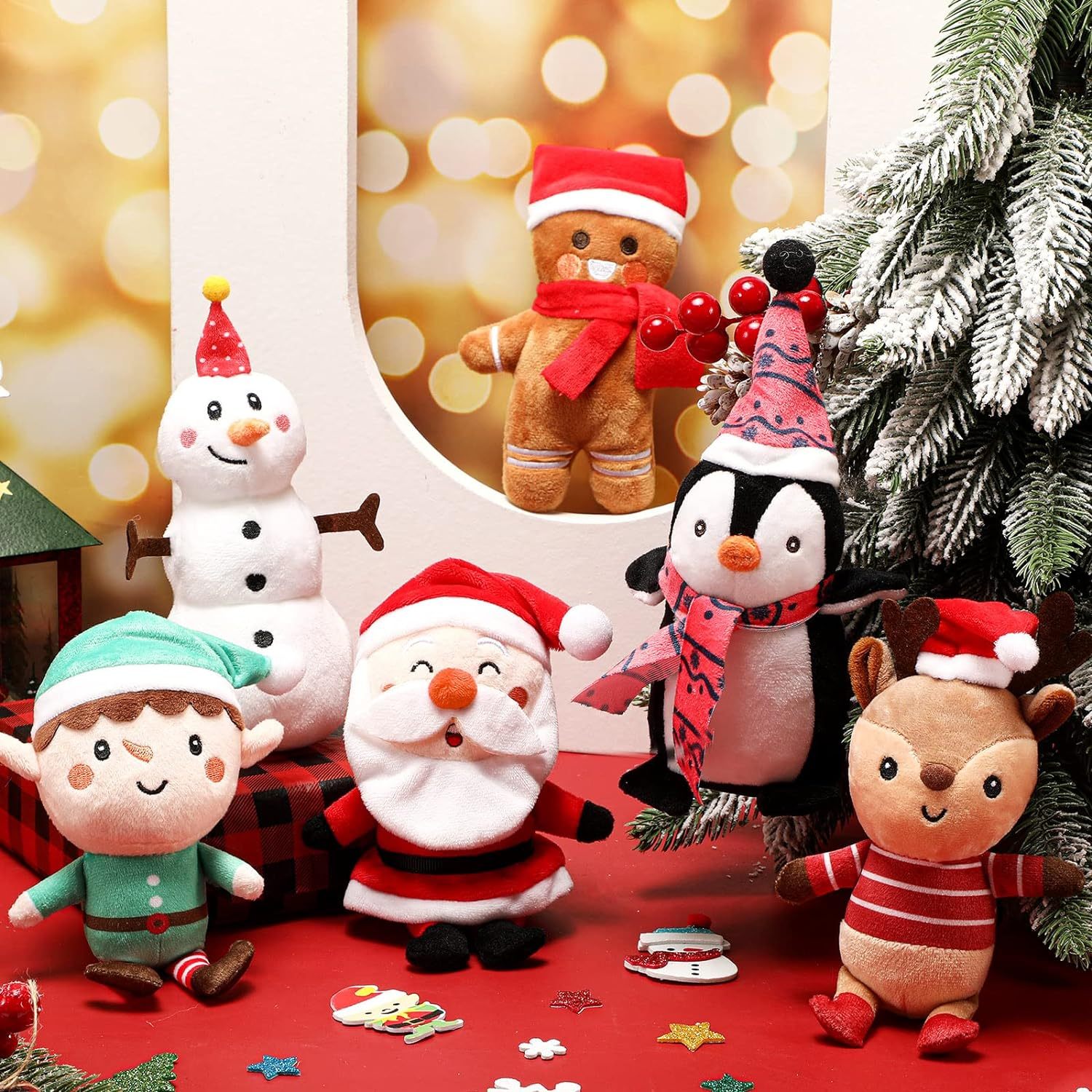 6 Pcs Christmas Plush Set Christmas Tree Ornaments Set Snowman Elk Gingerbread Man Elf Santa Stuffed Animals