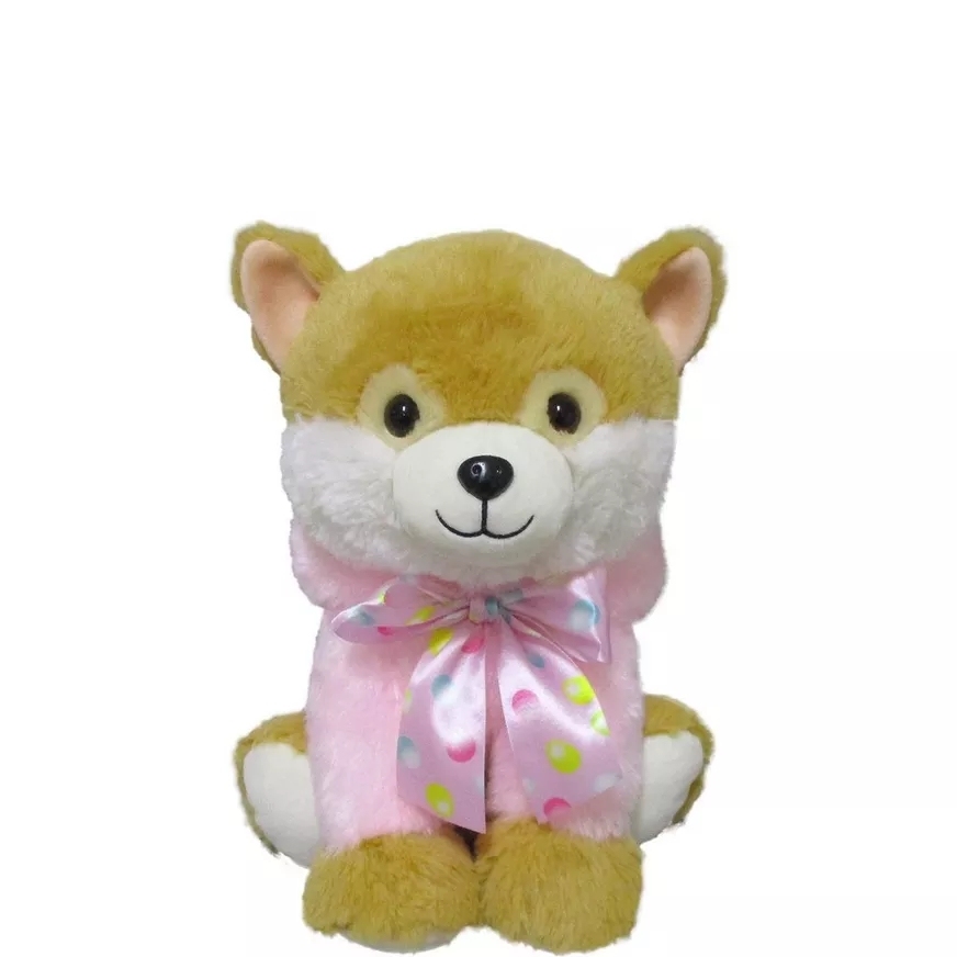 Brown Dog Plush in Pink Bunny Suit, 9in x 16in