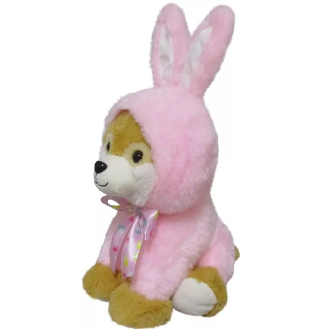 Brown Dog Plush in Pink Bunny Suit, 9in x 16in