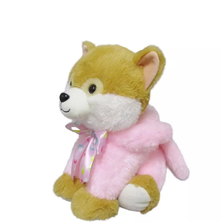 Brown Dog Plush in Pink Bunny Suit, 9in x 16in