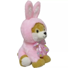 Brown Dog Plush in Pink Bunny Suit, 9in x 16in