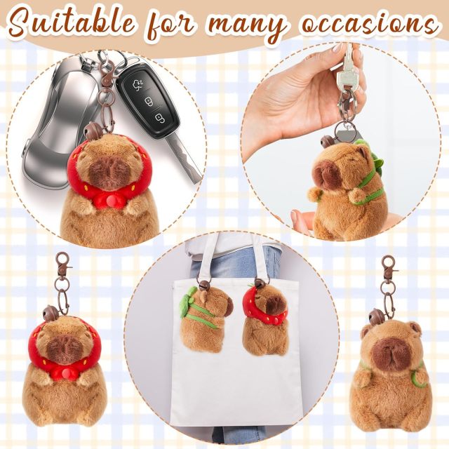 2 Pcs Capybara Plush Keychain Toy Realistic Capybara Stuffed Animals Toy with Turtle Bag Strawberry Hood