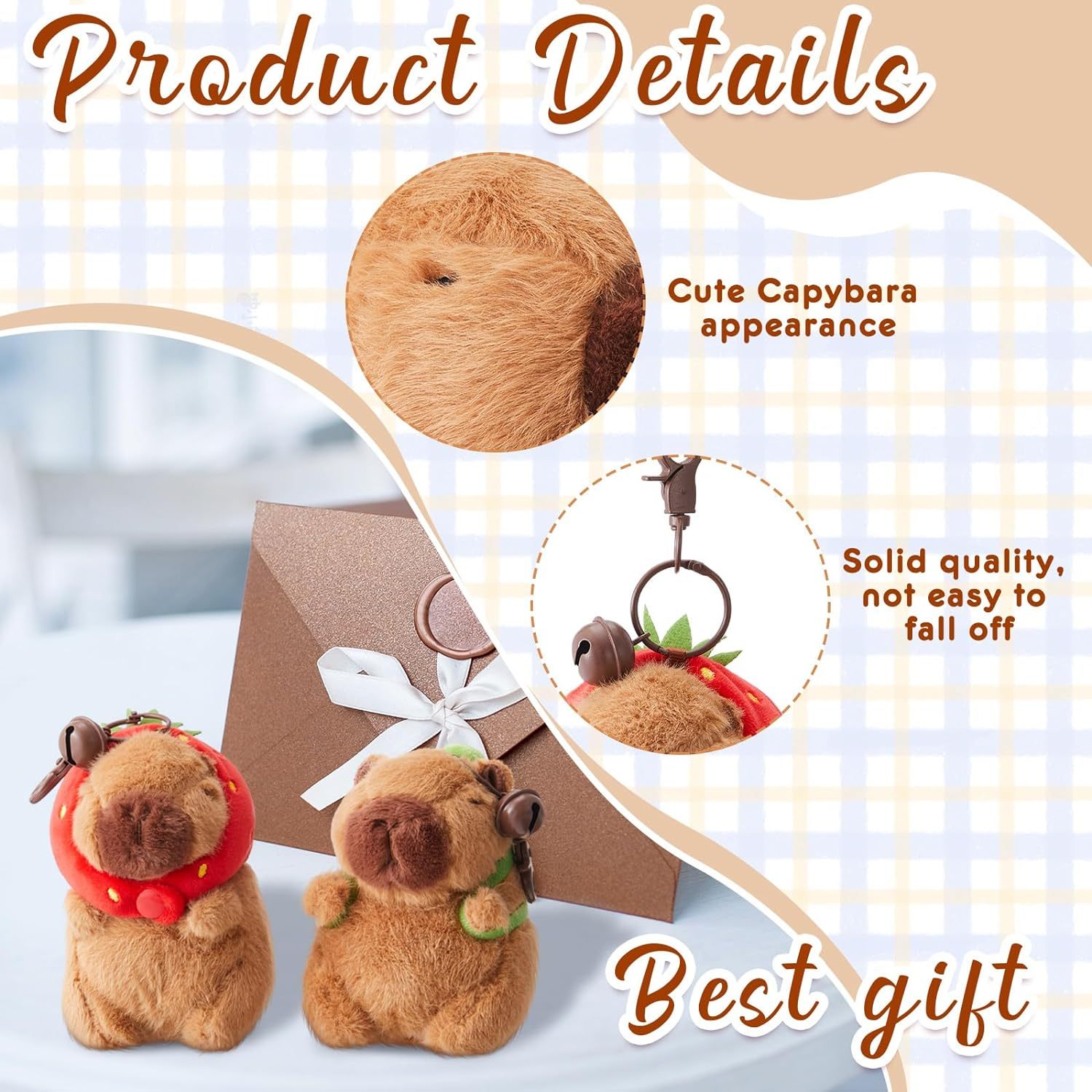 2 Pcs Capybara Plush Keychain Toy Realistic Capybara Stuffed Animals Toy with Turtle Bag Strawberry Hood