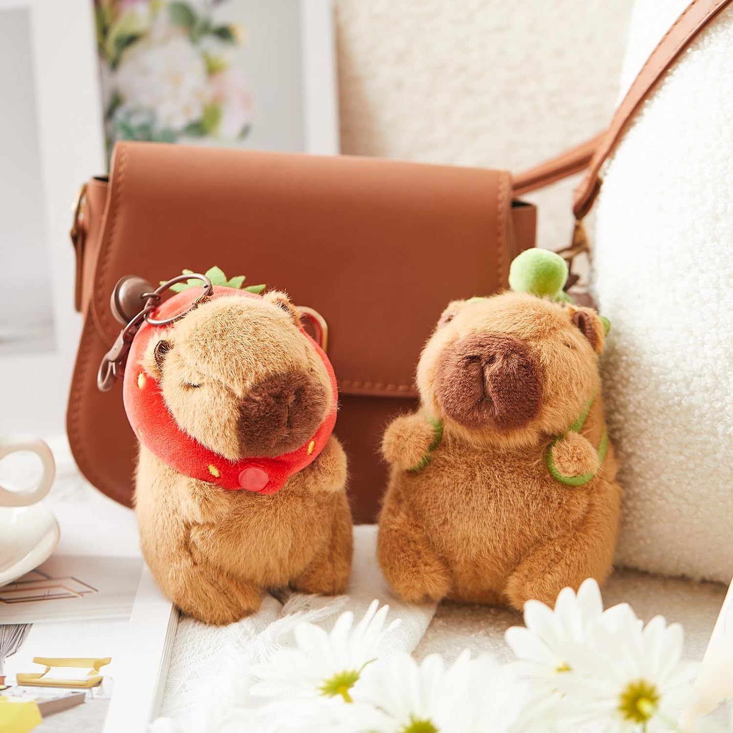 2 Pcs Capybara Plush Keychain Toy Realistic Capybara Stuffed Animals Toy with Turtle Bag Strawberry Hood