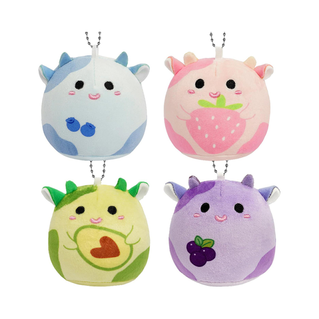 4Pcs Stuffed Animal Toys Kawaii Fruit Cow Plush Keychain Set