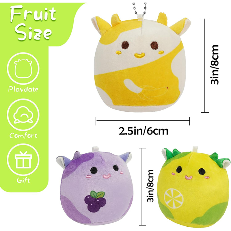 4Pcs Stuffed Animal Toys Kawaii Fruit Cow Plush Keychain Set