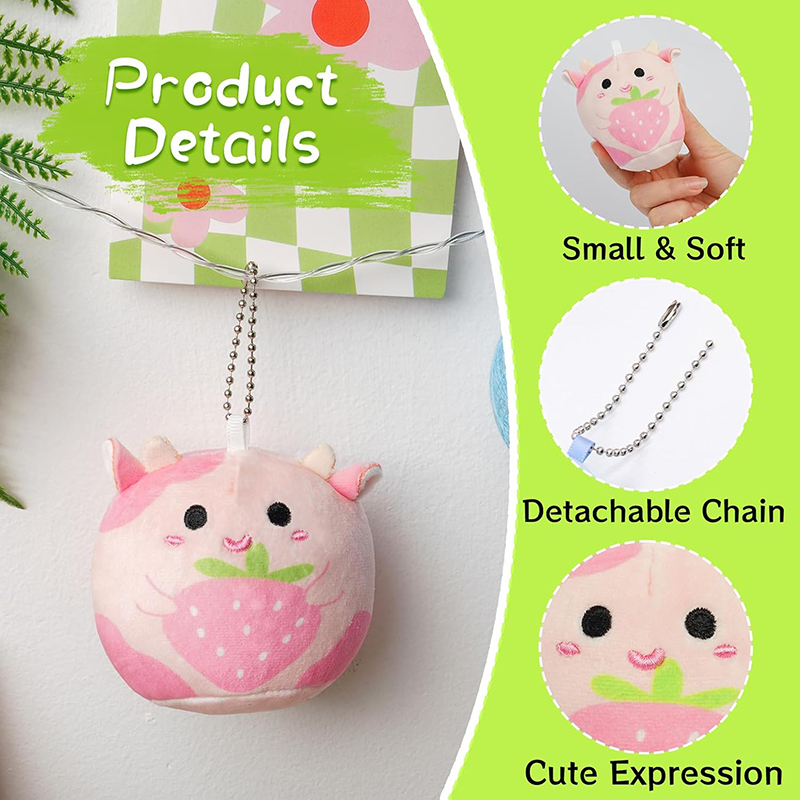 4Pcs Stuffed Animal Toys Kawaii Fruit Cow Plush Keychain Set