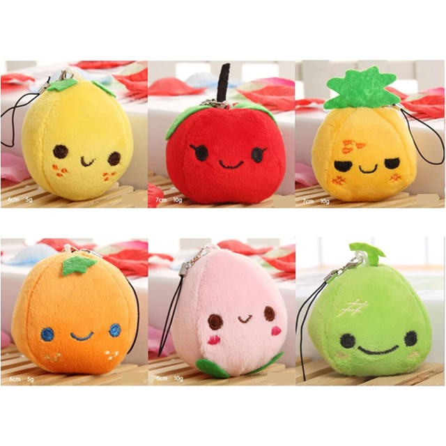 6 Pcs Soft Mini Plush Keychain Colorful Stuffed Fruits Pendant Lovely Peach Orange Pineapple Cantaloupe