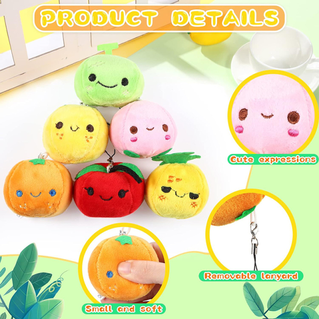 6 Pcs Soft Mini Plush Keychain Colorful Stuffed Fruits Pendant Lovely Peach Orange Pineapple Cantaloupe
