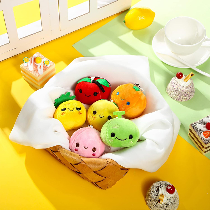 6 Pcs Soft Mini Plush Keychain Colorful Stuffed Fruits Pendant Lovely Peach Orange Pineapple Cantaloupe