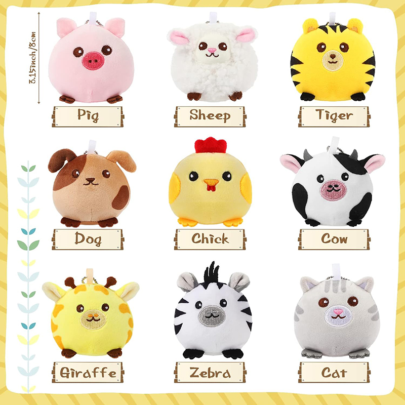 9 Pcs Mini Plush Farm Stuffed Animals Colorful Jungle Animals Plush Keychain Pendant