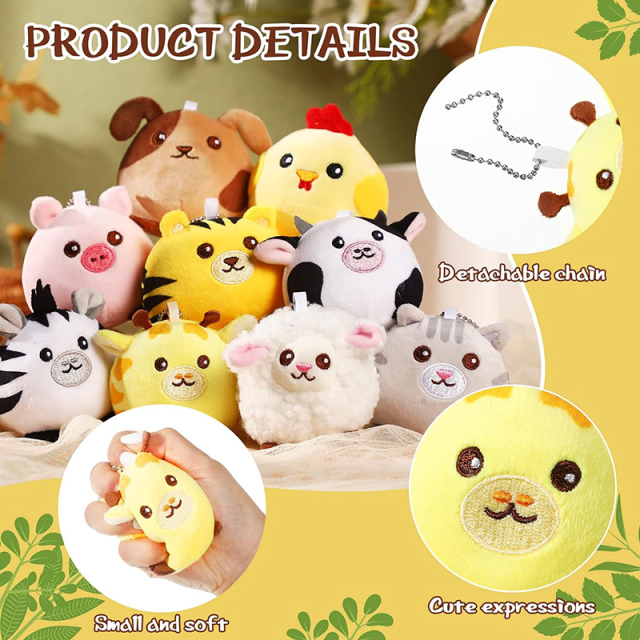 9 Pcs Mini Plush Farm Stuffed Animals Colorful Jungle Animals Plush Keychain Pendant