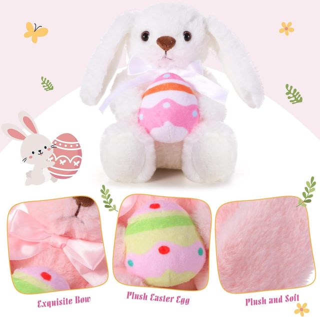 2 Pcs Easter Bunny Rabbit Stuffed Animal Hold Easter Egg 10" Easter Plush Toy Gift